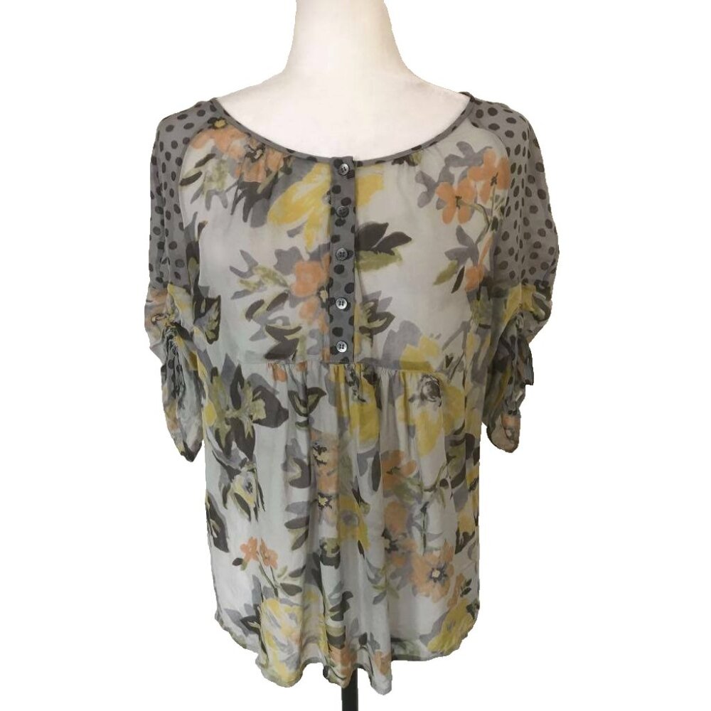 ANTHROPOLOGIE Edme & Esyllte 100% Silk Blouse Top Size S Semi Sheer Gray Floral